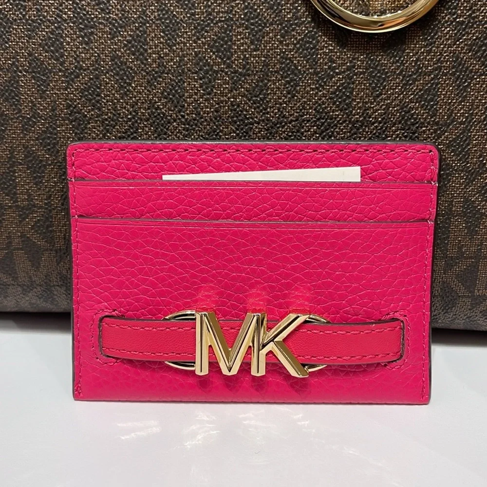 MICHAEL KORS Reed Large Pebbled Leather Card Holder Case Electric Pink NWT
